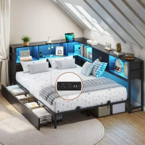 Full-size Bed with Bookcase Storage and Led Lights