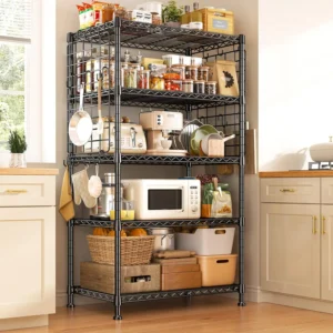 5 Tier Metal Shelving with Side Hanging Net Hooks