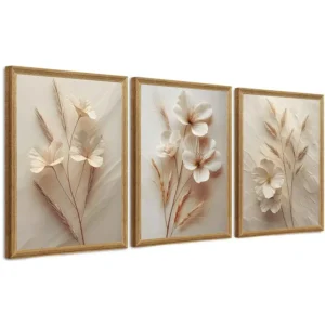 3Pcs Framed Neutral Beige Floral Canvas Wall Art