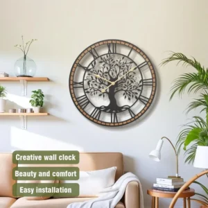 Non-Ticking Tree of Life Metal Black with Solid Wood Frame