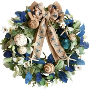Coastal Wreath for Front Door with Starfish, Shells and Burlap Bow